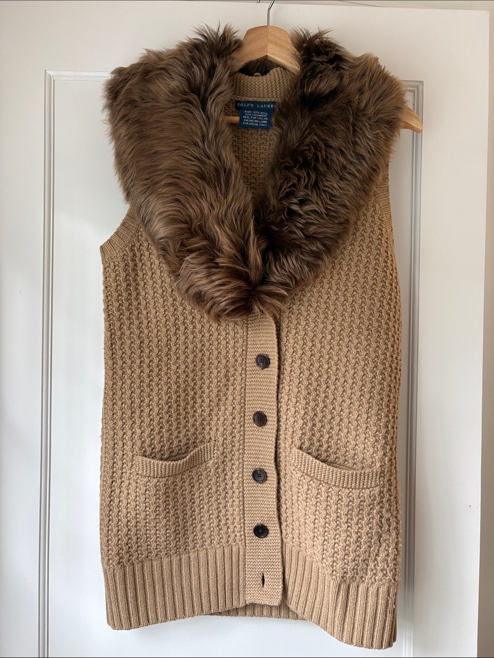 Ralph Lauren Blue Label Tan Knit Sleeveless Cardigan w/ Shearling Shawl